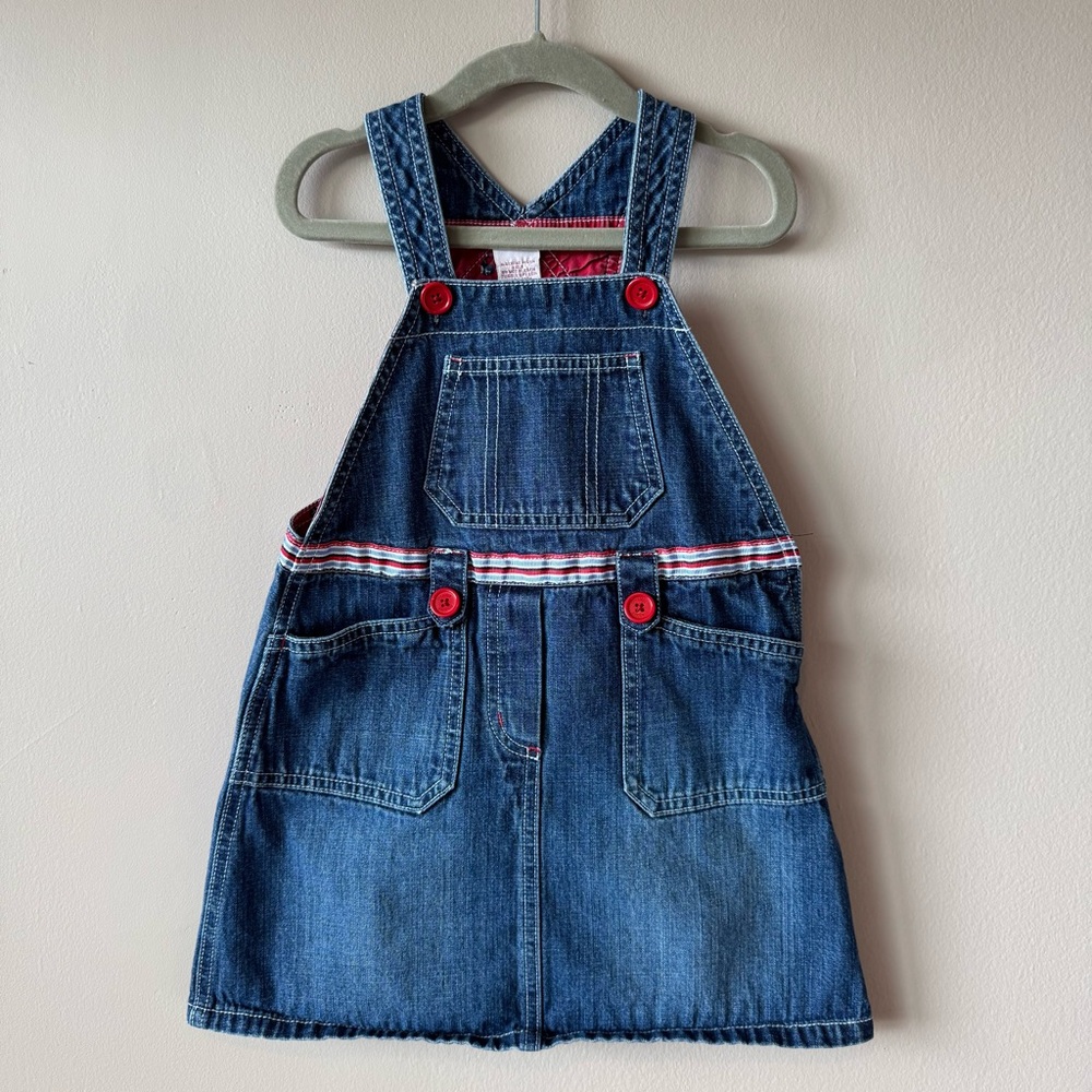 Vintage 2003 Gymboree Toddler Red Buttons Blue Denim Overalls Dress Size 4